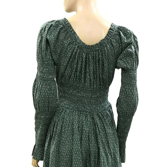 DOEN Kaira Midi Dress Printed Smocked Ruffle Evergreen Puff Sleeve S New - Picture 7 of 11
